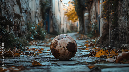 An old, worn-out football lying in a dusty alleyway, surrounded by urban decay, during a nostalgic afternoon