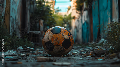 An old, worn-out football lying in a dusty alleyway, surrounded by urban decay, during a nostalgic afternoon