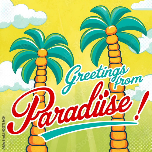 A vibrant pop art postcard design featuring stylized, kitschy retro palm trees with thick trunks and curved leaves in shades of bright green and turquoise, set against a sunny yellow sky with puffy wh