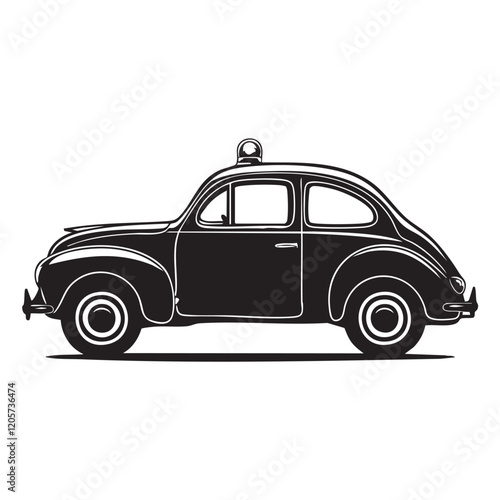 Vintage Police Car Silhouette Vector: Classic Law Enforcement Vehicle with Roof Light, Capturing Mid-20th Century Design in Black and White