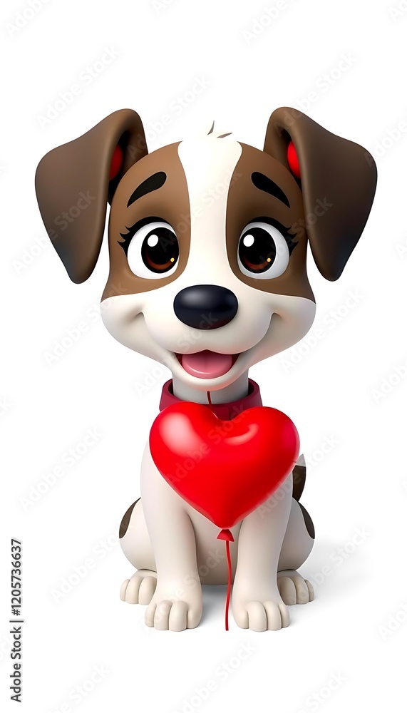 Fototapeta premium Adorable 3D Cartoon Puppy Holding a Red Heart Balloon for Valentines Day