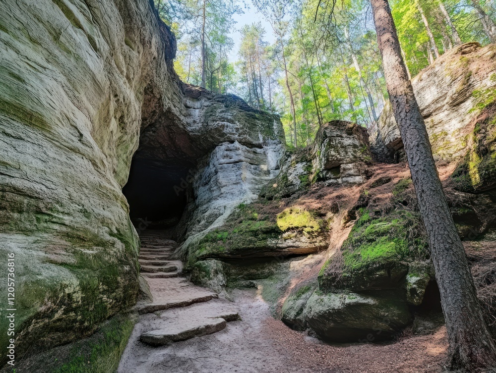 Stone Steps Leading Into A Dark Cave Surrounded By Lush Green Forest And Rocky Walls Stone Steps Leading Into A Dark Cave Surrounded By Lush Green Forest And Rocky Walls