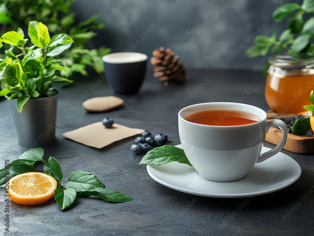 A serene tea setting with fresh ingredients, evoking relaxation and wellness. A serene tea setting with fresh ingredients, evoking relaxation and wellness.