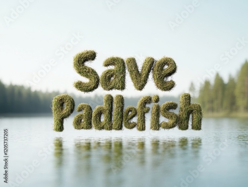 Eco Chic Save Paddlefish with Textured Water and Grass Typography - National American Paddlefish Day and Spring Conservation Marketing Design for Nature Advocacy photo