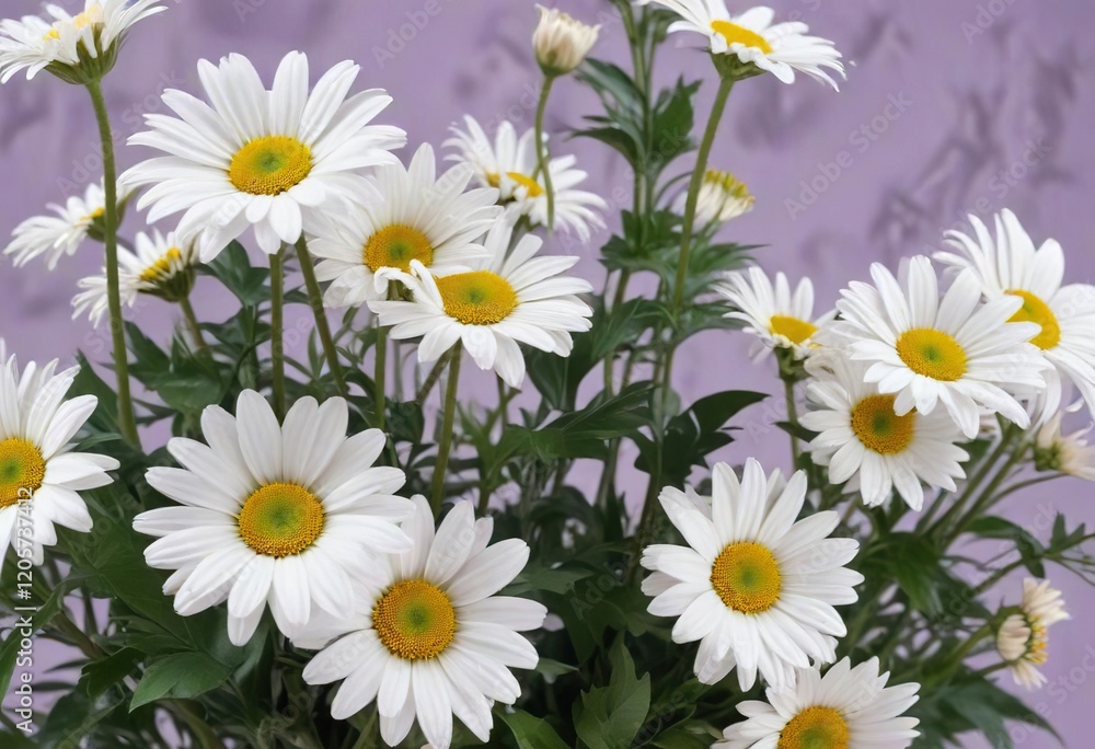 Fototapeta premium Elegant arrangement of white daisies with green leaves on a light purple background, background, daisies