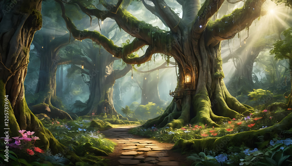 Fototapeta premium Mystical Forest with Sunlit Path and Ancient Trees – Nature’s Serenity