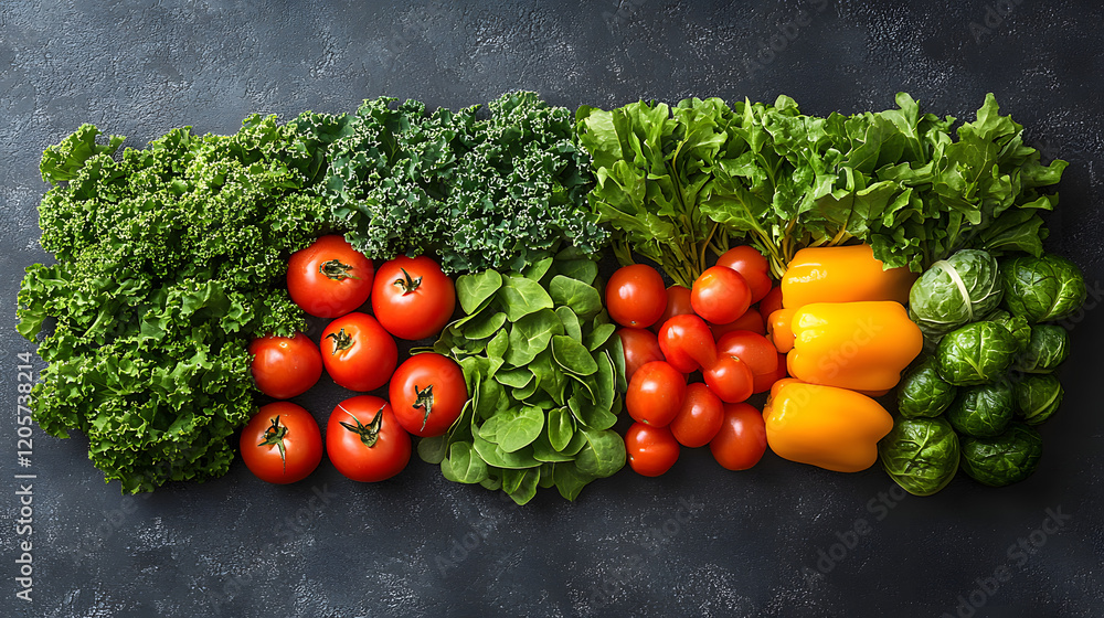 A colorful fruit and vegetable display arranged in a long line. The display is made up of a variety of fruits and vegetables, including apples, oranges, bananas, broccoli, and carrots A colorful fruit and vegetable display arranged in a long line. The display is made up of a variety of fruits and vegetables, including apples, oranges, bananas, broccoli, and carrots