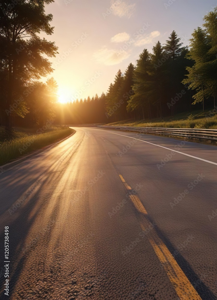 Fototapeta premium Tranquil sunset setting over a race track amidst the woods, peaceful, sunset, racing