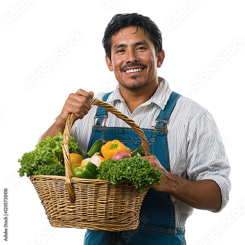 Man is holding a basket full of vegetables and smiling