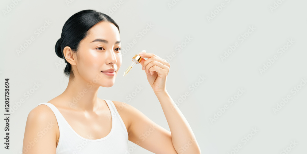 Asian female applying skincare serum with dropper for radiant complexion Asian female applying skincare serum with dropper for radiant complexion