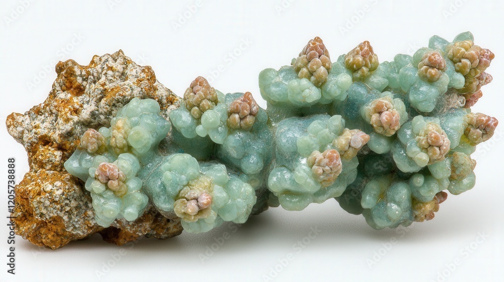 Unique Mineral Specimen with Delicate Green and Pink Crystals on Earthy Base Unique Mineral Specimen with Delicate Green and Pink Crystals on Earthy Base