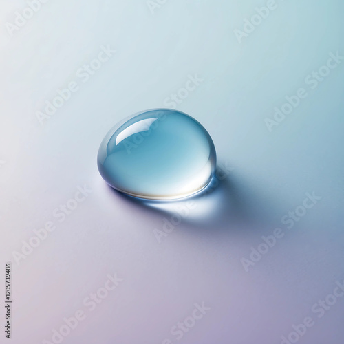 A delicately rounded, translucent droplet of water, with a subtle, soft-edged shadow, rests upon a serene, solid-colored background that gradates from pale sky blue to gentle lavender, evoking a sense photo