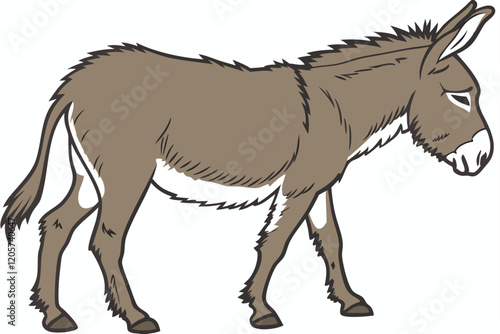  donkey, full body, side view, realistic, detailed fur texture, brown coat, white underbelly, long ears, strong legs, neutral expression, studio lighting, white background, high resolution, nature p