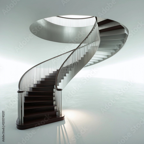 A majestic, curved staircase with sleek, silver railings and polished, dark wood steps appears to defy gravity, floating effortlessly in a vast, pure white void that stretches infinitely into the dist