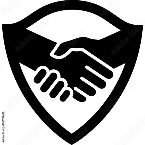 Shield badge with handshake silhouette. Security partnership sign. Business deal symbol. Vector illustration.