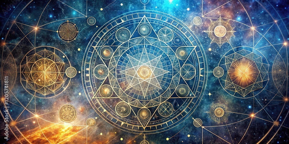 Fototapeta premium Intricate geometric patterns on a celestial map with sacred shapes and mystical symbols