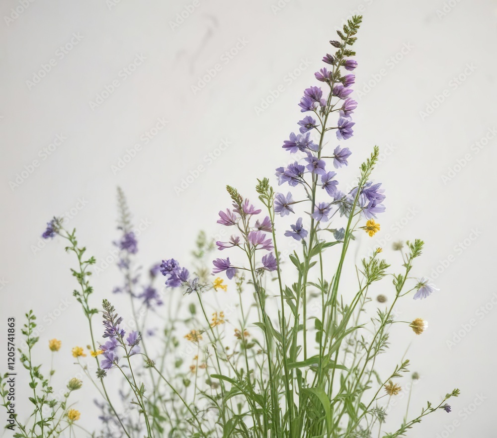 Naklejka premium A cluster of spring wildflowers against a soft white background with delicate green stems, serene landscape, spring wildflowers, abstract floral