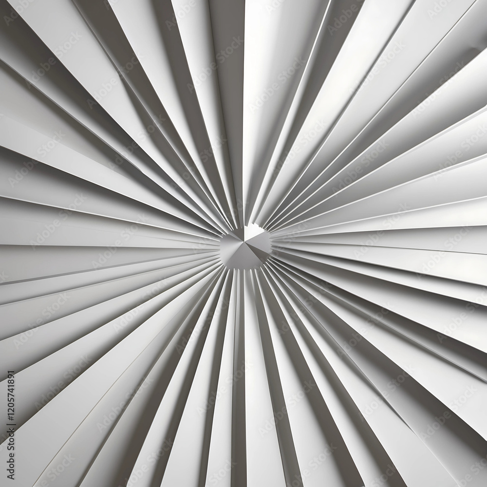 Obraz premium A mesmerizing pattern of sleek, uniform triangles in varied sizes, arranged in a symmetrical fan-like composition that radiates from a central point, creating a sense of dynamic movement and visual ha