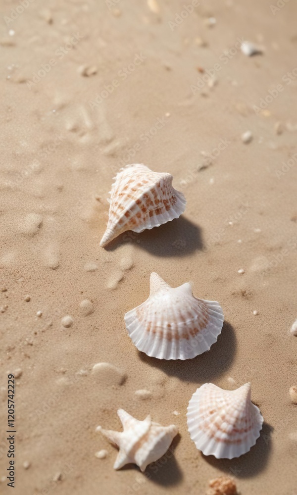 Close-up of delicate seashells on sandy beach, shore, summer, coastline Close-up of delicate seashells on sandy beach, shore, summer, coastline