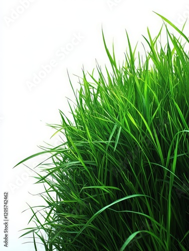 A close-up of vibrant green grass against a white background.