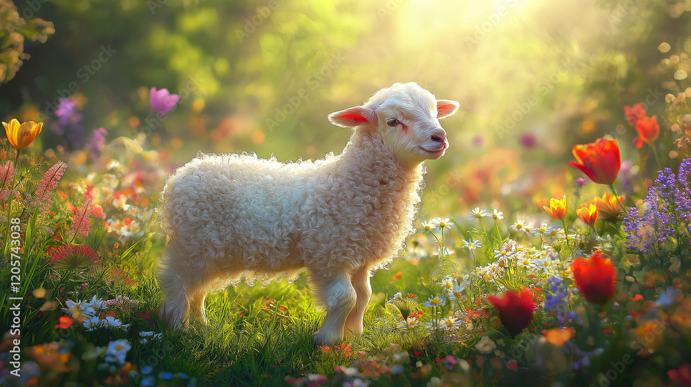 Fluffy lamb standing in a blooming spring meadow. Fluffy lamb standing in a blooming spring meadow.