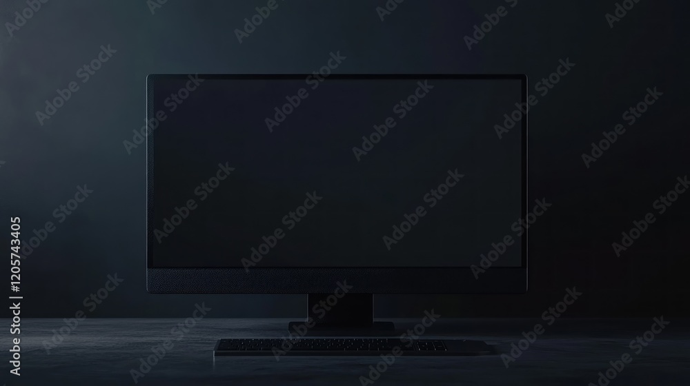 Fototapeta premium Dark room, computer screen mockup, keyboard, night, digital, workspace, technology, blank screen, advertising