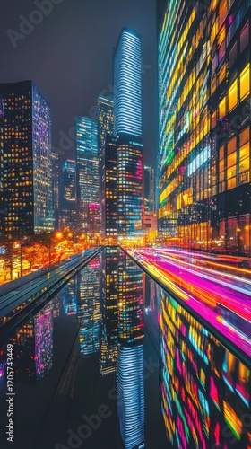 Vibrant cityscape at night with colorful lights reflecting in the water.