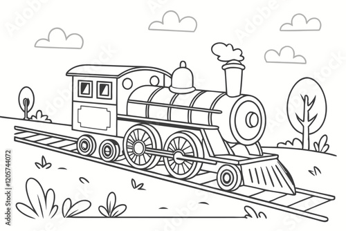  Draw a black-and-white outline illustration of a classic steam locomotive on a railway track. Include details such as the train's chimney, wheels, and cabin. Add a few simple background elements li