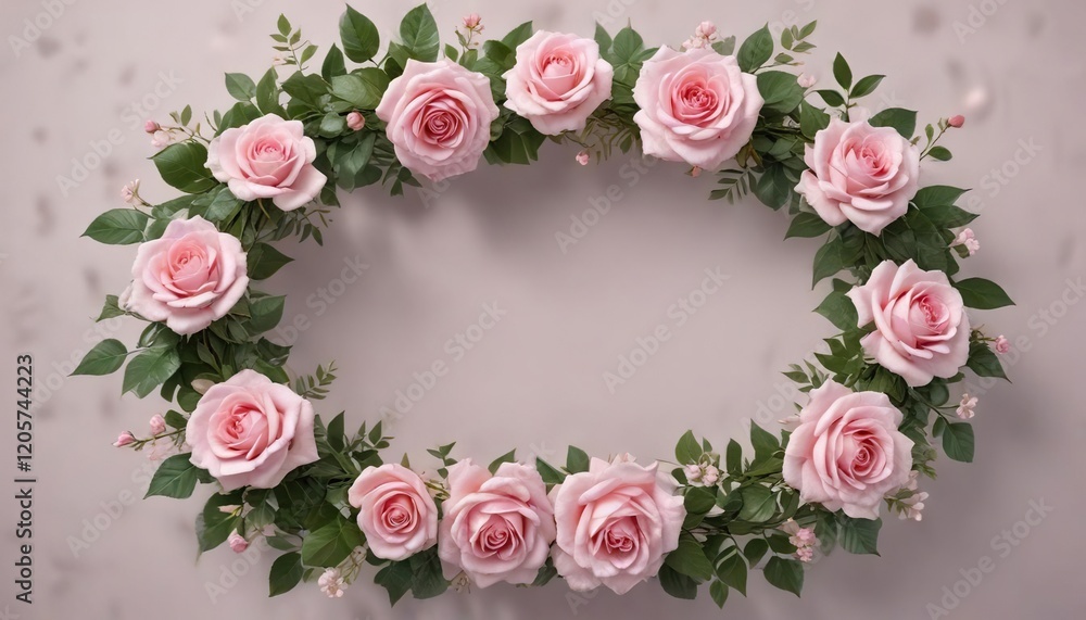 Wreath composed of pink rose flowers and delicate leaves, leafy, ornamental Wreath composed of pink rose flowers and delicate leaves, leafy, ornamental
