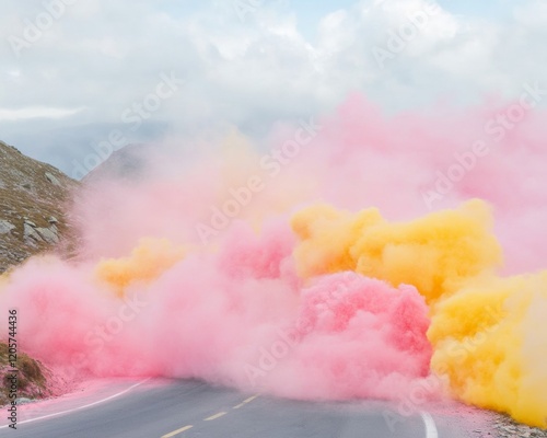 Vibrant Holi Roadscape Pink and Yellow Powder Clouds on Mountain Trail - Spring Festivity Inspiration for Travel and Festival Marketing photo