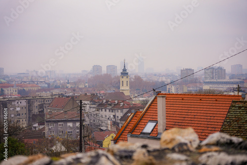 View of Zemun old center and the Danube River from Zemun Fortress, Serbia photo