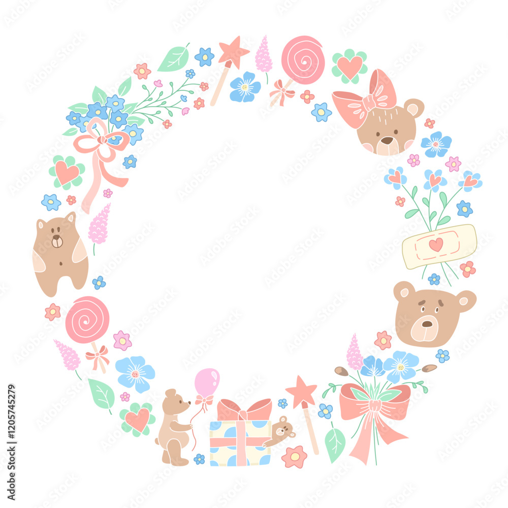 Round frame with Cute Bears, Flowers and Gifts Round frame with Cute Bears, Flowers and Gifts