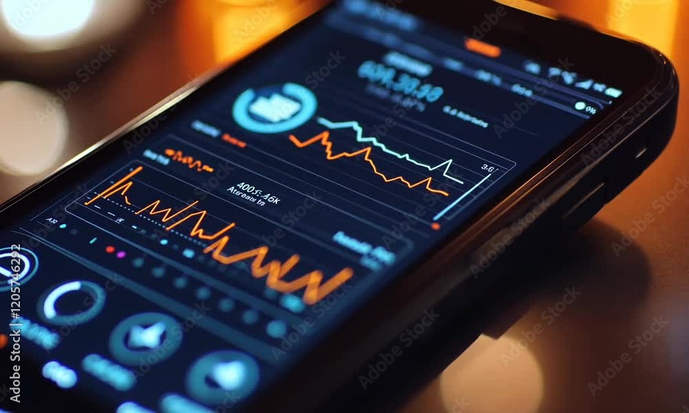 Close-up of a smartphone displaying vibrant analytics graphs and data trends in a dimly lit setting Close-up of a smartphone displaying vibrant analytics graphs and data trends in a dimly lit setting