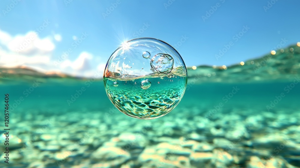 under deep sea concept. Underwater bubble surrounded by clear turquoise water and sunlight reflections. under deep sea concept. Underwater bubble surrounded by clear turquoise water and sunlight reflections.