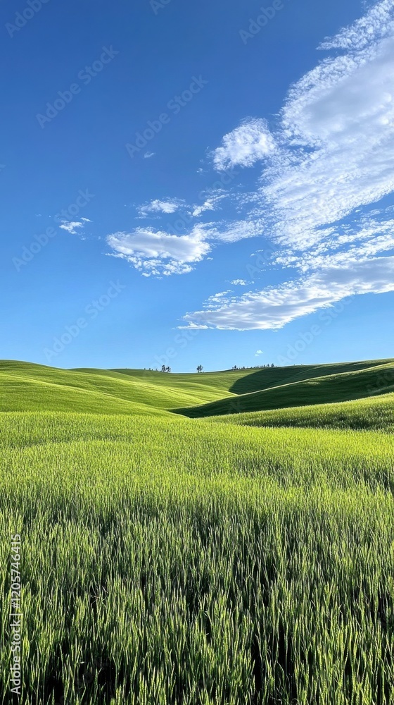 Obraz premium Vibrant green fields under a clear blue sky, presenting a serene natural landscape.