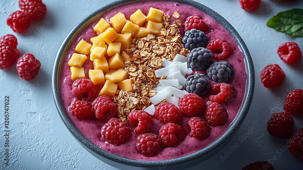 Top-down view of a vibrant smoothie bowl with acai, fresh berries, granola, chia seeds, and coconut flakes. The ingredients are artfully arranged in a circular pattern on the bowl, captured with high- Top-down view of a vibrant smoothie bowl with acai, fresh berries, granola, chia seeds, and coconut flakes. The ingredients are artfully arranged in a circular pattern on the bowl, captured with high-