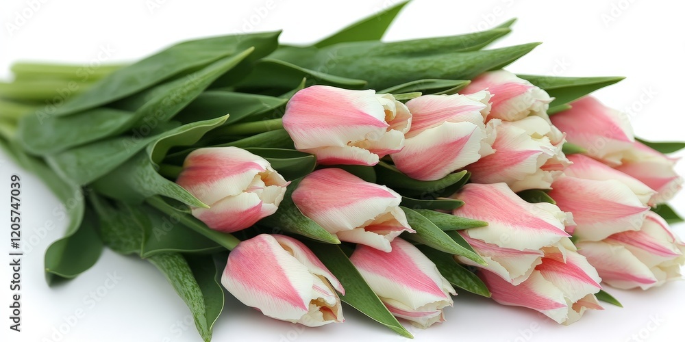 Pink and white tulips with lush green leaves on a white background, showcasing elegance and simplicity. Ideal for floral-themed designs, nature promotions, or greeting cards. Pink and white tulips with lush green leaves on a white background, showcasing elegance and simplicity. Ideal for floral-themed designs, nature promotions, or greeting cards.