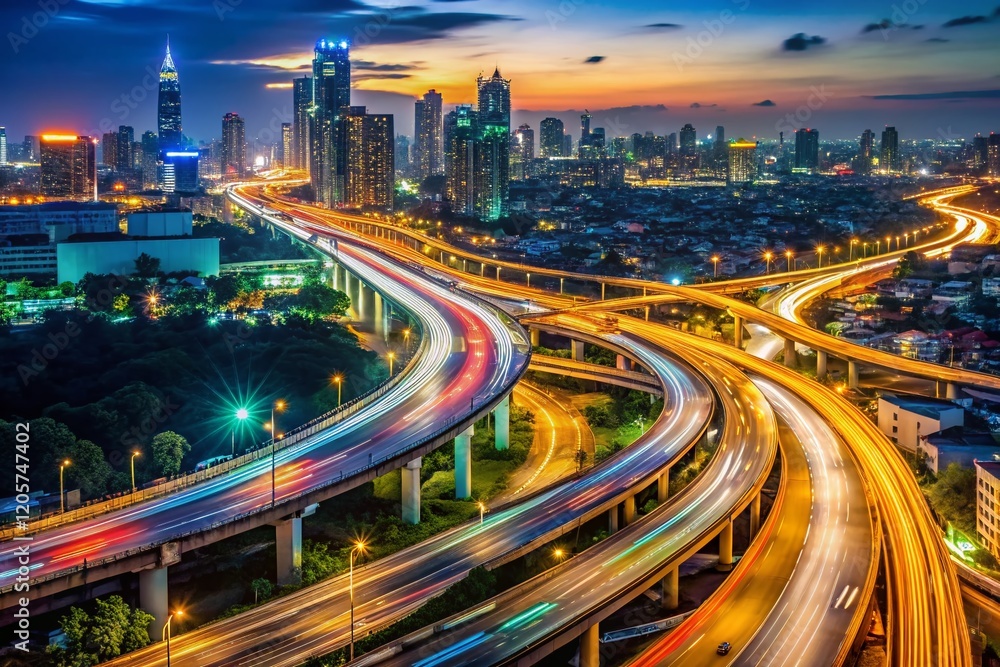 Bangkok Expressway Night Traffic Silhouette - Aerial View Bangkok Expressway Night Traffic Silhouette - Aerial View