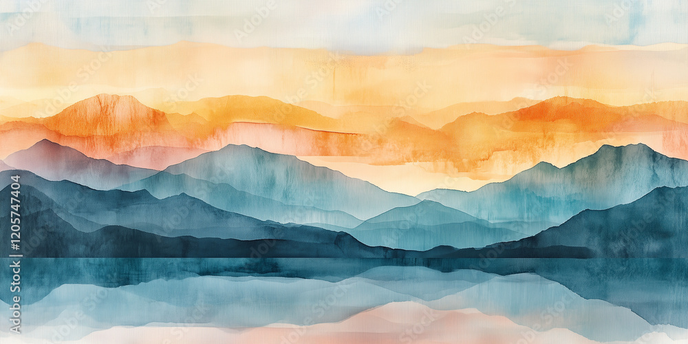 Fototapeta premium Serene Watercolor Mountain Range Reflecting in a Still Lake at Dawn, with Warm Colors and Misty Atmospheres, Evoking Tranquility