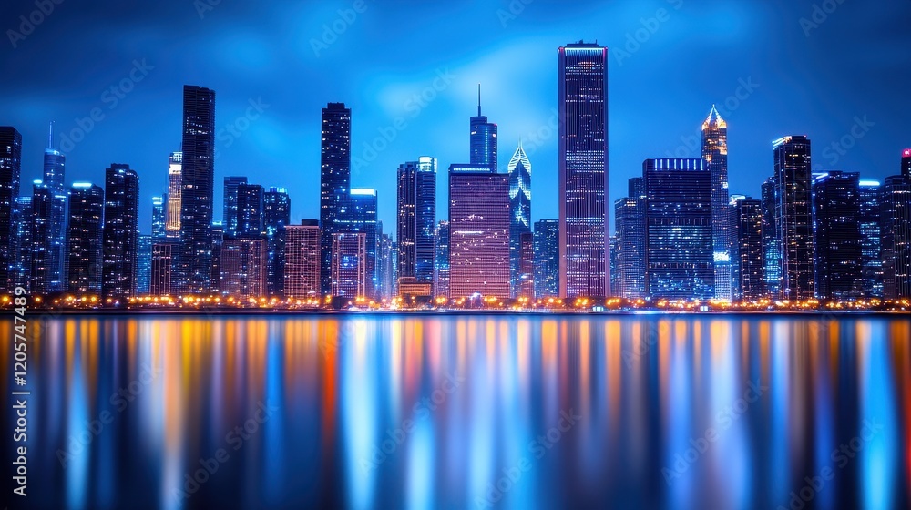 Obraz premium City nightscape bokeh in blues and oranges, urban and dynamic composition 