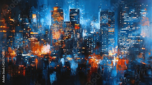 City nightscape bokeh in blues and oranges, urban and dynamic composition  photo