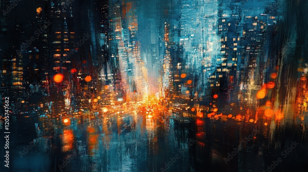 City nightscape bokeh in blues and oranges, urban and dynamic composition City nightscape bokeh in blues and oranges, urban and dynamic composition