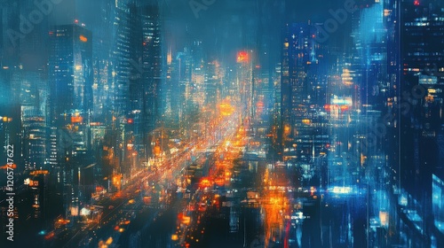 Wallpaper Mural City nightscape bokeh in blues and oranges, urban and dynamic composition  Torontodigital.ca