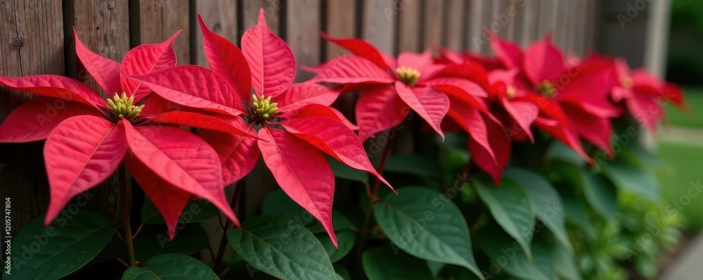 Red poinsettia stems with leaves are placed along a wooden fence in a garden, plant, flowers Red poinsettia stems with leaves are placed along a wooden fence in a garden, plant, flowers