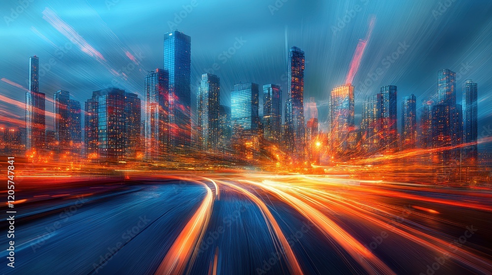 City nightscape bokeh in blues and oranges, urban and dynamic composition City nightscape bokeh in blues and oranges, urban and dynamic composition