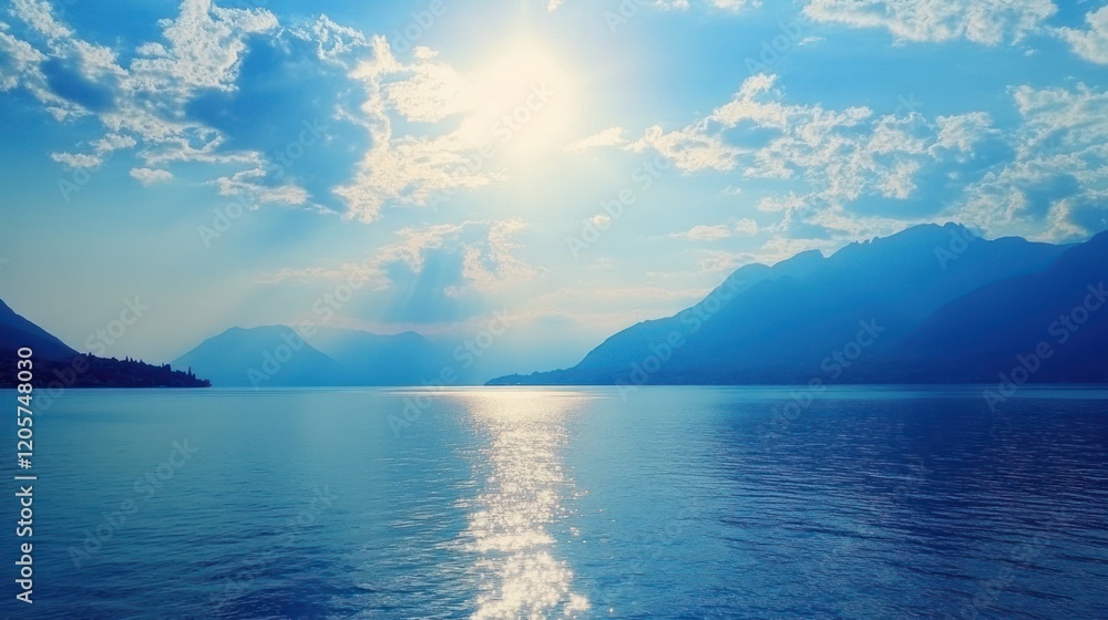 Serene lake with mountains under a clear sky illuminated by a bright sun Serene lake with mountains under a clear sky illuminated by a bright sun