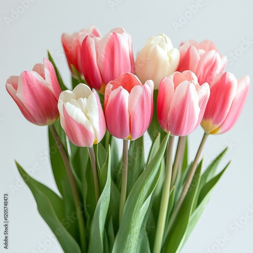 Pink and white tulips with lush green leaves on a white background, showcasing elegance and simplicity. Ideal for floral-themed designs, nature promotions, or greeting cards.