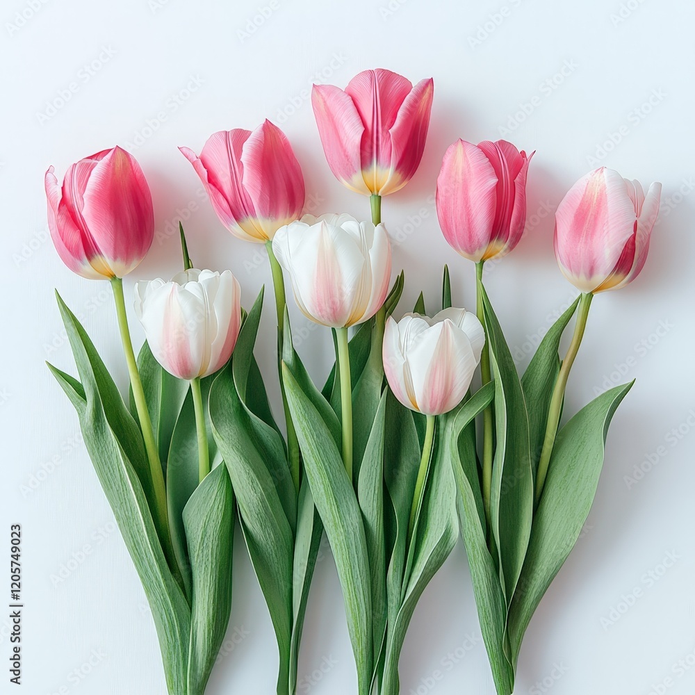 Pink and white tulips with lush green leaves on a white background, showcasing elegance and simplicity. Ideal for floral-themed designs, nature promotions, or greeting cards. Pink and white tulips with lush green leaves on a white background, showcasing elegance and simplicity. Ideal for floral-themed designs, nature promotions, or greeting cards.