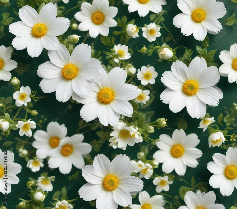 Delicate white flowers with yellow centers scattered on a green textured surface, botany, serenity, macro Delicate white flowers with yellow centers scattered on a green textured surface, botany, serenity, macro