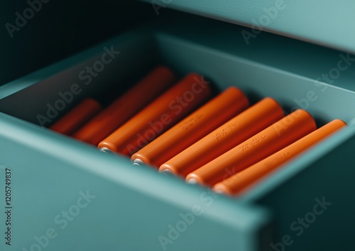 Modern Battery Organization Sleek Drawer with Orange Lithium Cylinders - Autumnal Safety Check and Smart Home Preparation for Contemporary Energy-Saving Solutions photo